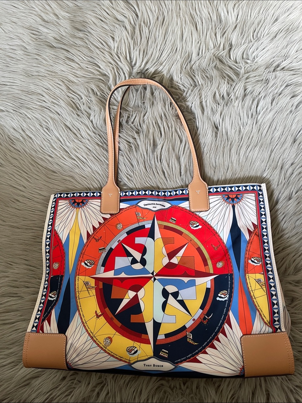 Tory Burch Multicolor Compass Graphic Tote with Tan Leather Handles - Picture 2 of 13